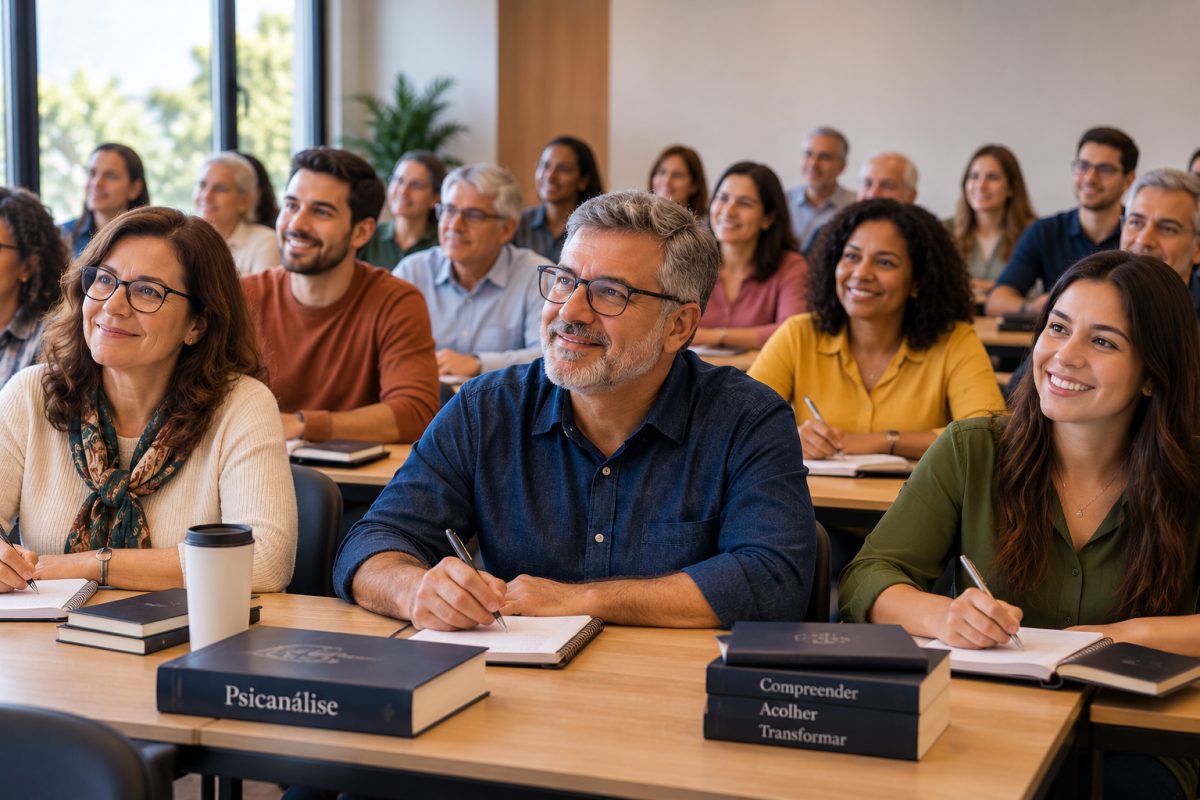 Turma de adultos em aula presencial de Psicanálise, sentados em carteiras com cadernos e livros sobre as mesas